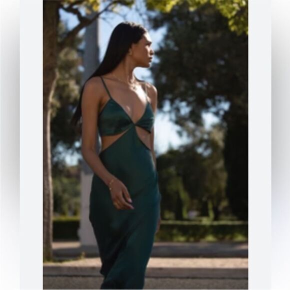 NWT Reformation Poppies silk cutout dress in Forest green - Picture 9 of 13